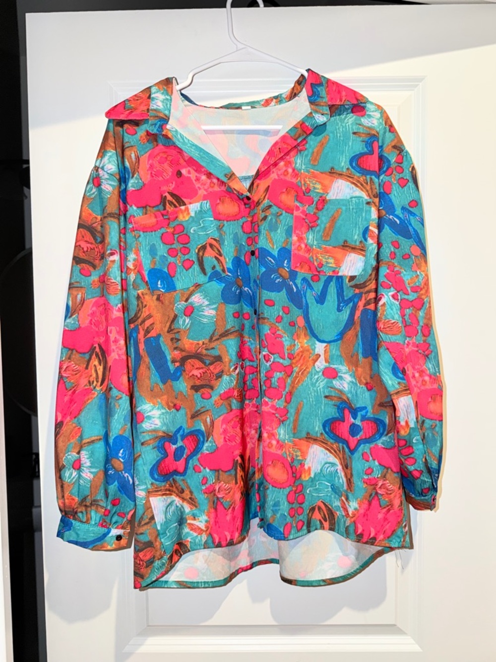 SHEIN Turquoise Pink Floral Button-Down Shirt